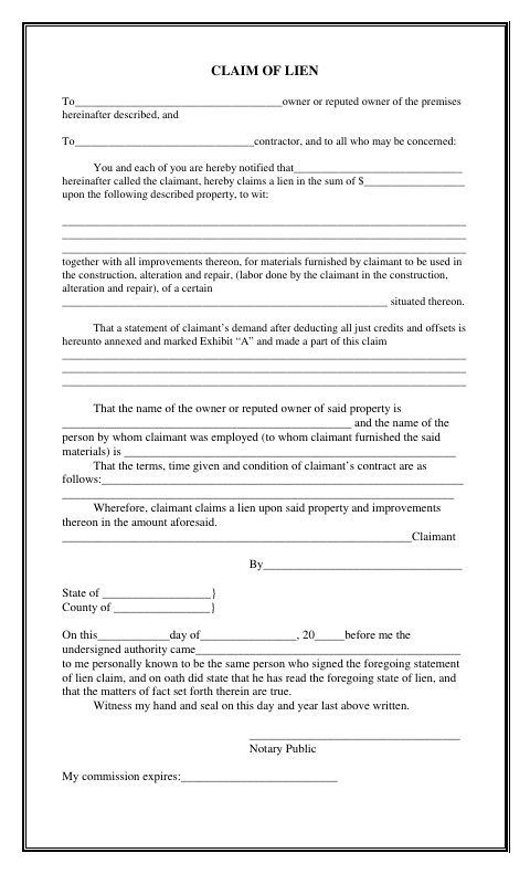 Claim of Lien, Lea County form, first page