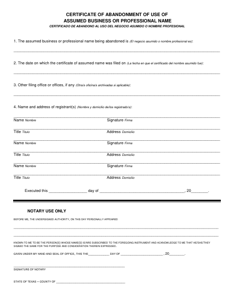 Certificate of Abandonment of Use of Assumed Business or Professional Name, Freestone County form, first page