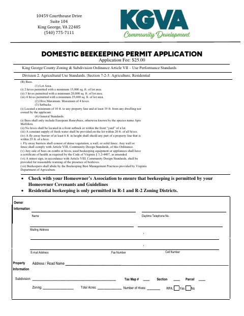 Domestic Beekeeping Permit Application, King George County form, first page