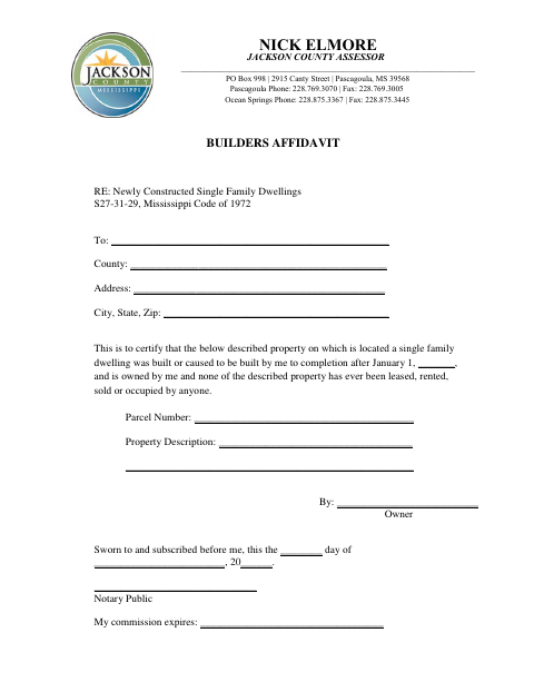 Builder’s Affidavit, Jackson County form, first page