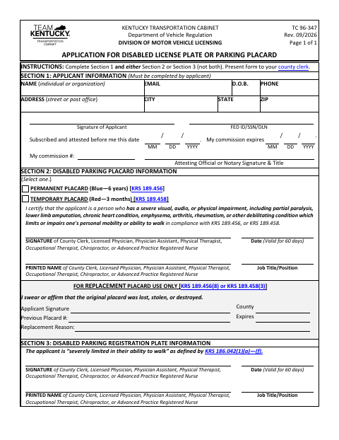 TC 96-347 Application for Disabled License Plate or Parking Placard first page
