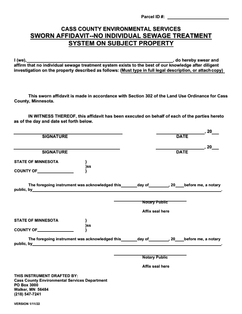 Affidavit of No Individual Sewage Treatment System, Cass County form, first page