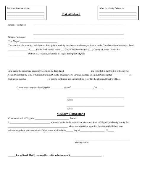 Plat Affidavit, James City County form, first page