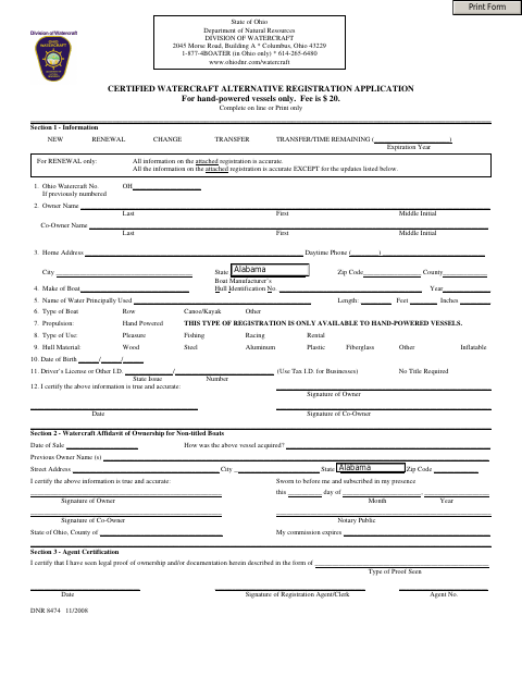 Certified Watercraft Alternative Registration Application, Lucas County form, first page