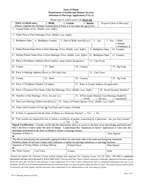 First page of the Intention of Marriage Application