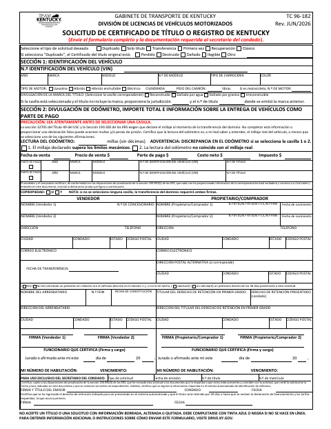 TC 96-182 Application for Kentucky Certificate of Title or Registration first page