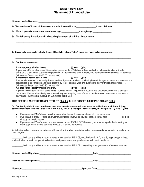 First page of the Child Foster Care Statement of Intended Use