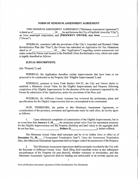 First page of the Minimum Assessment Agreement