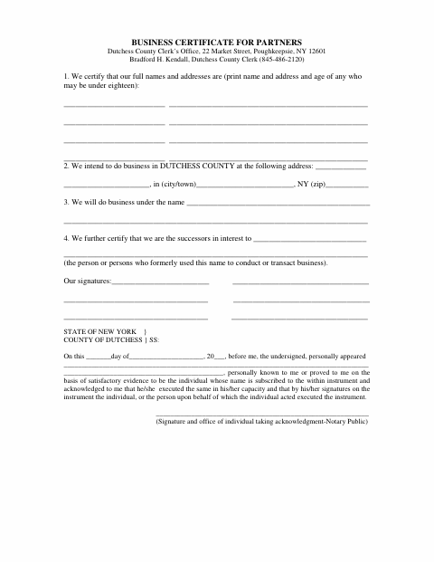 Business Certificate for Partners, Dutchess County form, first page