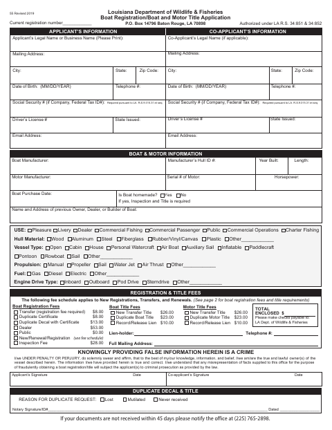 Boat Registration And Boat And Motor Title Application, Bienville Parish form, first page