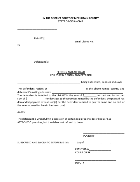 Petition and Affidavit for Forcible Entry and Detainer, McCurtain County form, first page