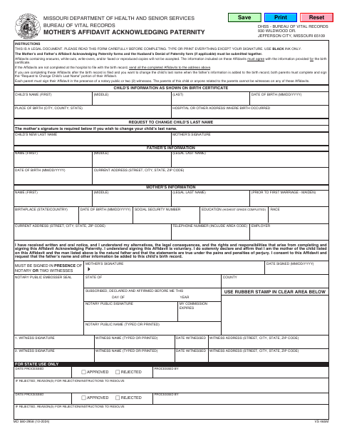 MO 580-2958 Mother’s Affidavit Acknowledging Paternity first page