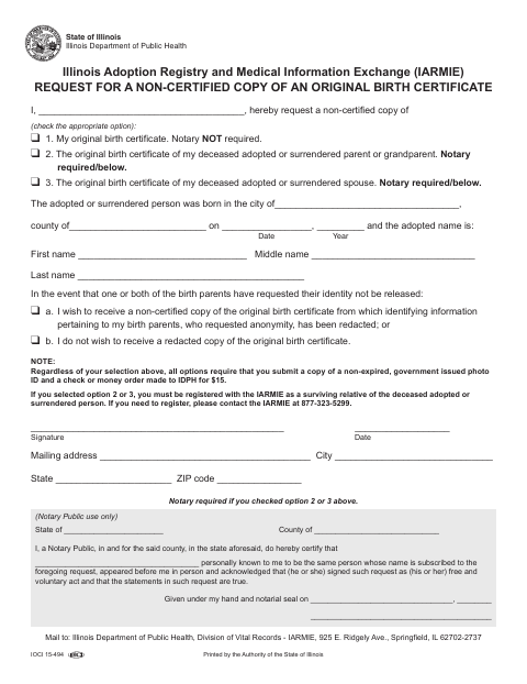 Request for a Non-Certified Copy of Original Birth Certificate (IOCI 15-494) first page