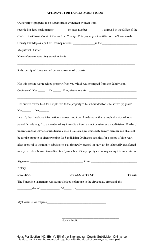Affidavit for Family Subdivision, Shenandoah County form, first page