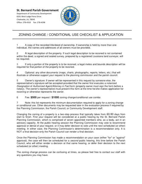 Zoning Change and Conditional Use Application, St. Bernard Parish form, first page