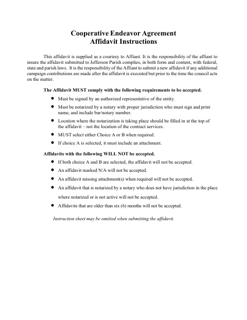 Cooperative Endeavor Agreement Affidavit, Jefferson Parish form, first page