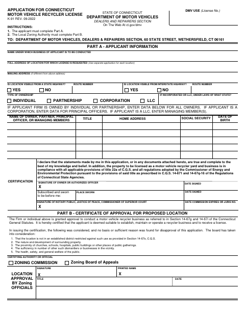 Motor Vehicle Recycler License Application K-91 first page