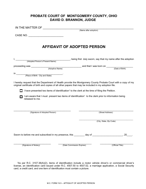 Affidavit of Adopted Person, Montgomery County form, first page