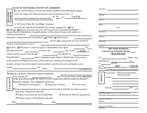 Detainer Summons, Anderson County form, first page
