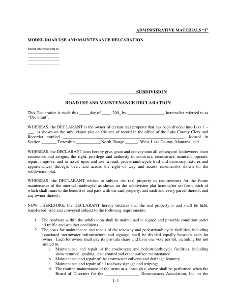 Subdivision Road Use and Maintenance Declaration, Lake County form, first page