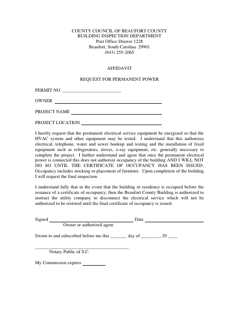 Affidavit Request for Permanent Power, Beaufort County form, first page