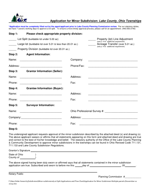 Application for Minor Subdivision (Multiple Parcels), Lake County form, first page