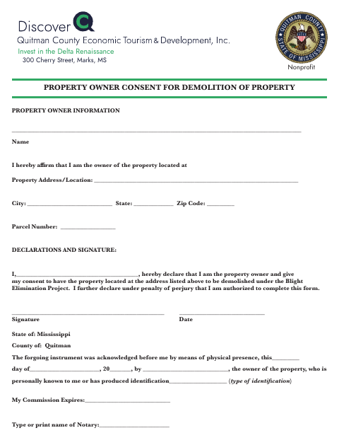 Property Owner Consent for Demolition of Property, Quitman County form, first page