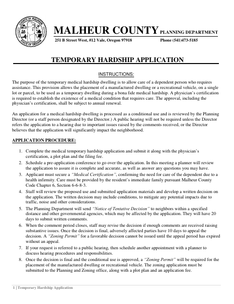 Temporary Hardship Application, Malheur County form, first page