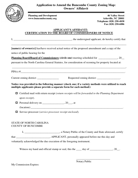 Applicant’s Affidavit: Certification of Notice, Buncombe County form, first page
