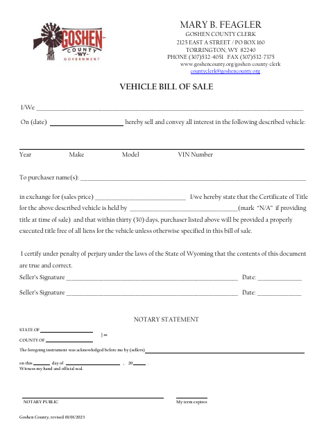 Vehicle Bill of Sale, Goshen County form, first page