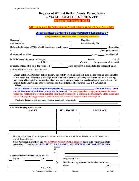 Small Estates Affidavit for Insurance Proceeds, Butler County form, first page