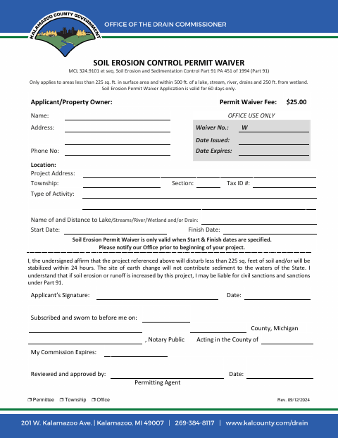 Soil Erosion Control Permit Waiver, Kalamazoo County form, first page