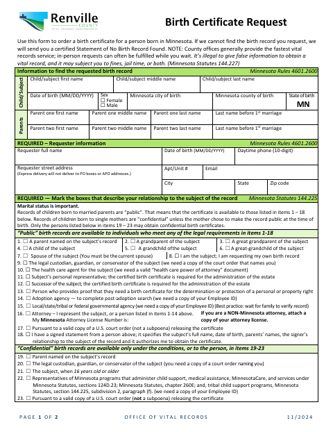 Birth Certificate Request, Renville County form, first page