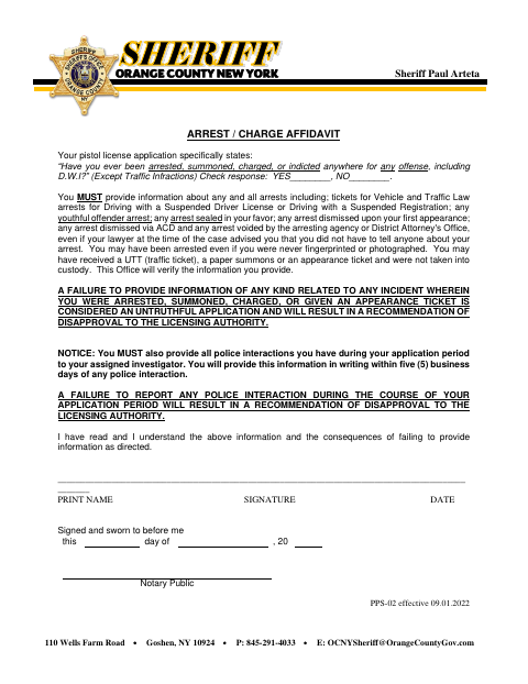 Arrest or Charge Affidavit, Orange County form, first page