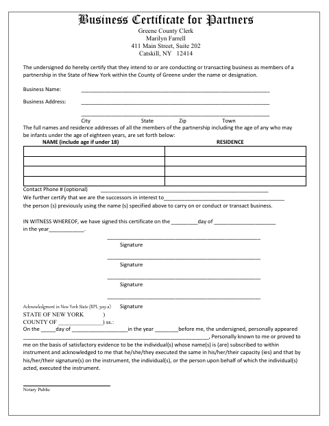 Business Certificate for Partners, Greene County form, first page
