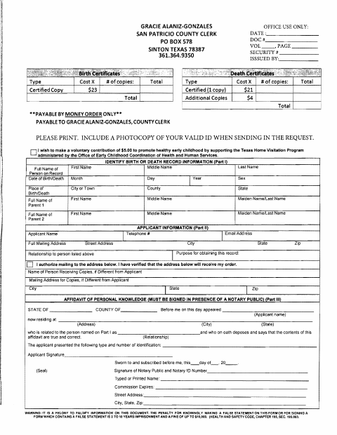 Certified Copy Birth or Death Record Application by Mail, San Patricio County form, first page
