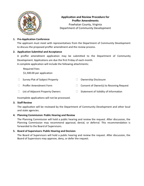 Proffer Amendment Application, Powhatan County form, first page