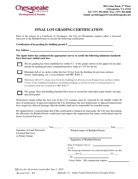 Final Lot Grading Certification, City of Chesapeake form, first page