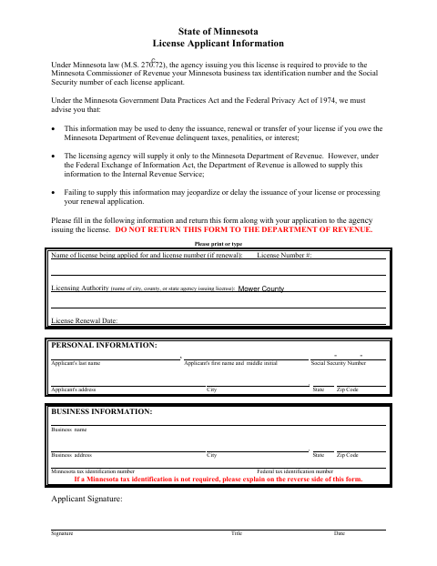 First page of the License Applicant Information
