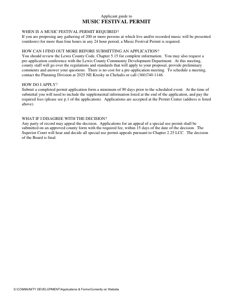 Music Festival Permit Application, Lewis County form, first page