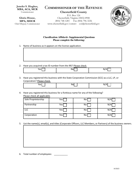 Classification Affidavit - Supplemental Questions, Chesterfield County form, first page