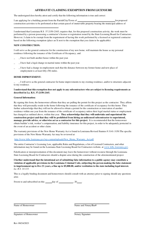 Affidavit Claiming Exemption From Licensure, Ascension Parish form, first page
