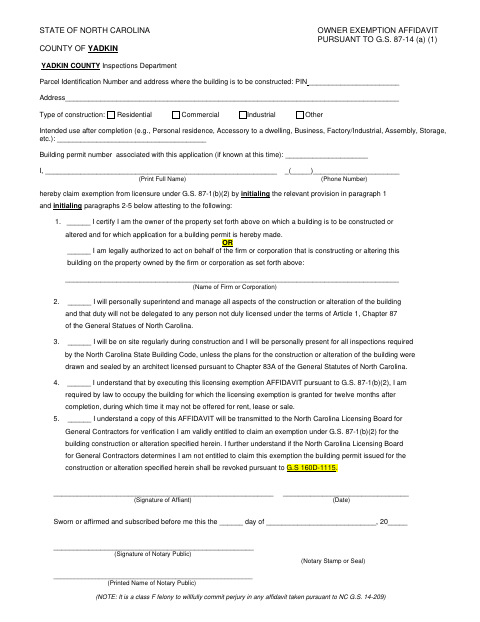 Owner Exemption Affidavit, Yadkin County form, first page