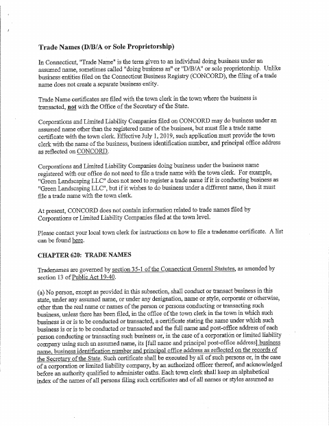 First page of the Trade Name Certificate Application