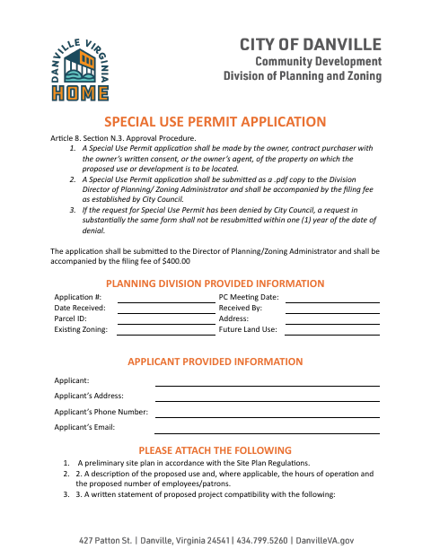 Special Use Permit Application, City of Danville form, first page