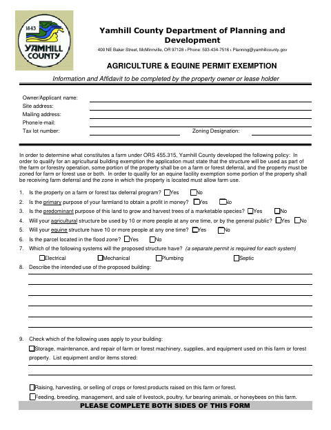 Agriculture And Equine Permit Exemption, Yamhill County form, first page