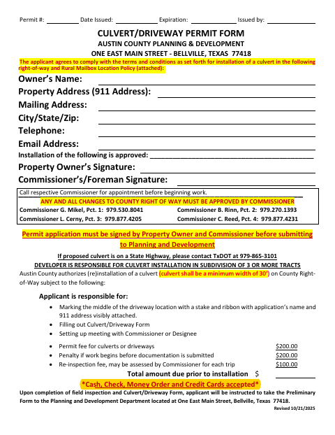 First page of the Culvert/Driveway Permit Form