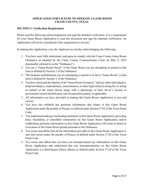 Application for License to Operate a Game Room, Crane County form, first page