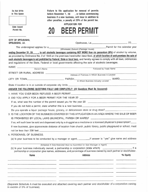 First page of the Beer Permit Application