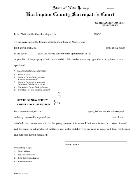 Guardianship Consent of Property, Burlington County form, first page